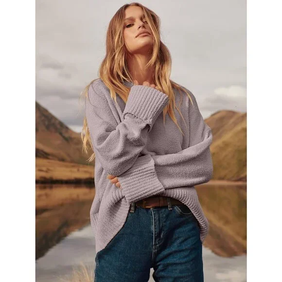Women's Light Purple Oversized Long Sleeve Casual Fuzzy Knit Sweaters - Picture 4 of 9